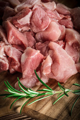 Raw meat diced for stew.