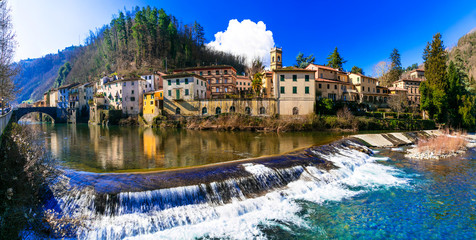 Traditional villages of Tuscany - Bagni di Lucca, famous for his hot springs. Italy - obrazy, fototapety, plakaty