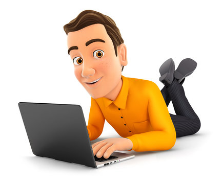 3d man lying on the floor and using laptop