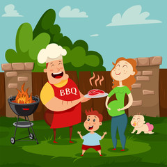 Happy family at a barbecue party. Vector cartoon illustration of mom, dad, son and daughter resting in the backyard of their house. Parents and children spend a summer day together.