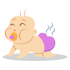 Little cute baby with a pacifier in a dirty, stinky diaper. Vector cartoon illustration isolated on white background.