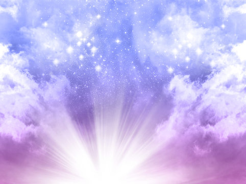 mystical divine angelic sky background with divine light and stars in blue, purple colors 