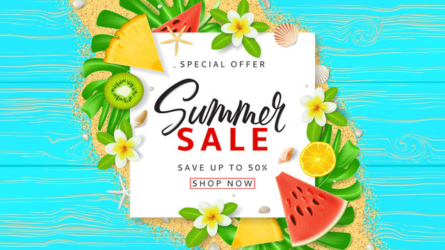 Summer sale web banner template. Top view on red sun glasses, seashells, tropical leaves, watermelon slice and plumeria flowers on wooden texture. Vector illustration with spesial discount offer.