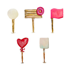 A large set of decorative signboard elements on various holidays and celebrations. Such as valentine's day, wedding, anniversary and so on. Donuts are covered with caramel icing with sweet crumbs. 