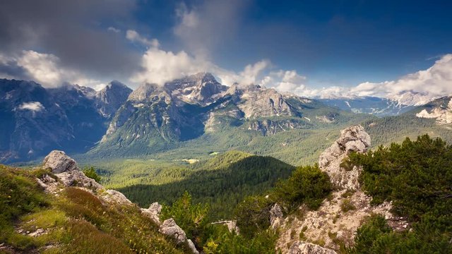 Aerial view of the wonderful alpine valley. Location place Misurina, Dolomiti alps. Time lapse clip, interval shooting video.