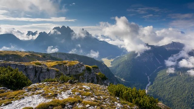 Aerial view of the wonderful alpine valley. Location place Misurina, Dolomiti alps. Time lapse clip, interval shooting video.