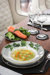 Vegetarian vegetable soup. Beautiful serving in a restaurant