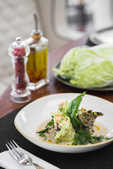 Vegetarian cabbage rolls. Beautiful serving in a restaurant