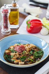 vegetarian asian pasta. Beautiful serving in a restaurant