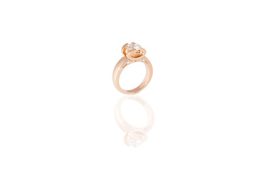 Yellow Gold precious ring female with big diamonds  on white isolated background.