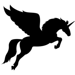 Vector image of a silhouette of a mythical creature of pegasus on a white background. Horse with wings on hind legs.