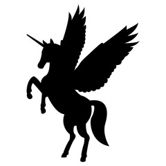 Vector image of a silhouette of a mythical creature of pegasus on a white background. Horse with wings on hind legs.