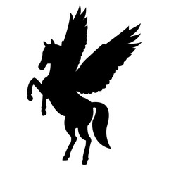 Vector image of a silhouette of a mythical creature of pegasus on a white background. Horse with wings on hind legs.