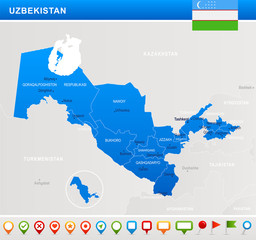 Uzbekistan - map, flag and navigation icons - Detailed Vector Illustration