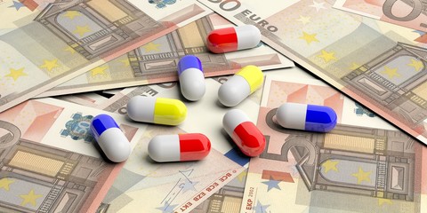 Pills capsules on Euro banknotes background. 3d illustration
