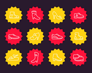 Shoes line icons set, trainers, knee high boots, heels, platform pump, open toe shoes