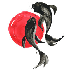 Koi fishes and red sun in Japanese style. Watercolor illustration © katyau