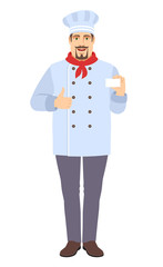 Chef showing the business card  showing thumb up