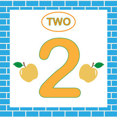 Flash card with number 2 (two). Learning numbers, mathematics. Education for children.