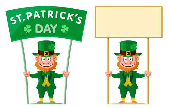 Saint Patrick's Day. Leprechaun holds banner. Cartoon styled vector illustration. Elements is grouped.  No gradient, no transparent objects.