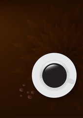 cup of coffee and coffee beans over dark background, top view.