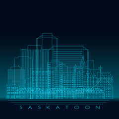 Saskatoon skyline, detailed silhouette. Modern vector illustration, blue linear style.