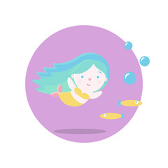 Mermaid with long colored hair floating next to fish. Vector illustration. Fairy-tale subjects and characters. Objects on a colored circle. Design for pictures, icons, postcards, covers