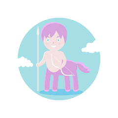 Centaur with spear and onion. Vector illustration. Fairy-tale subjects and characters. Objects on a colored circle. Design for pictures, icons, postcards, covers, flat and cartoon style.