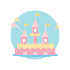 Multi-colored castle with three towers..Vector illustration. Fairy-tale subjects and characters. Objects on a colored circle. Design for pictures, icons, postcards, covers, flat and cartoon style.