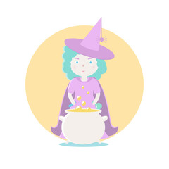 A good witch is preparing a magical potion.. Vector illustration. Fairy-tale subjects and characters. Objects on a colored circle. Design for pictures, icons, postcards, covers, flat style.