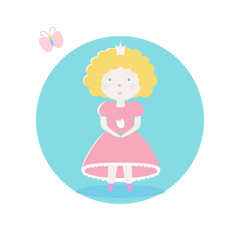 The princess in a pink dress is holding a flower in her hand. Vector illustration. Fairy-tale subjects and characters. Objects on a colored circle. Design for pictures, icons, postcards, covers