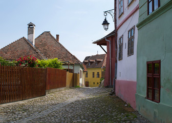 Cobblestone streets in the medieval Transylvanian citadel of Sighisoara, Romania