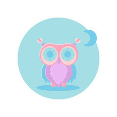 Multicolored owl next to the moon.Vector illustration. Fairy-tale subjects and characters. Objects on a colored circle. Design for pictures, icons, postcards, covers, flat and cartoon style.