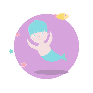 The mermaid boy swims next to the fishes. Vector illustration. Fairy-tale subjects and characters. Objects on a colored circle. Design for pictures, icons, postcards, covers, flat and cartoon style.