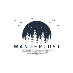 Hand drawn travel badge with pine trees textured vector illustration and "Wanderlust" inspirational lettering.