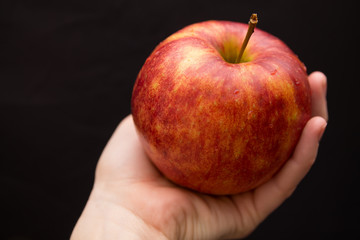 a ripe red and yellow apple in woman's hand