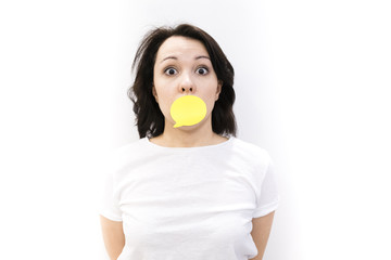 Successful Asian young woman showing a thought sticker, isolated, studio, photo, emotion, surprise, gossip concept