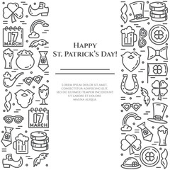 St. Patrick's Day theme black and white banner. Pictograms of shamrock, leprechaun hat, gold and other holiday related pictograms. Line out. Simple silhouette. Editable stroke. Vector illustration