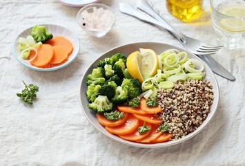 Quinoa salad with sweet potato and broccoli. Detox buddha bowl with quinoa, sweet potato and broccoli. Selective focus
