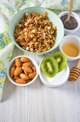 breakfast with granola on wooden surface