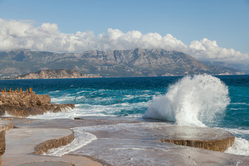  Storm waves on the Ploce beach, coast of Montenegro.