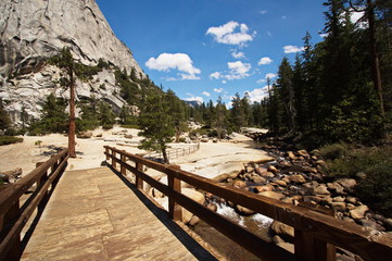 Wooden bridge at the top of Nevada Fall in Yosemite NP in California in the USA
