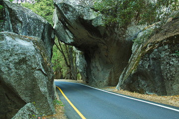 Road between the rocks in Yosemite NP in California in the USA
