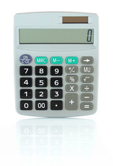 Grey calculator isolated on white background with shadow reflection. Battery and solar powered grey calculator on white backdrop.