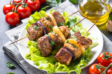 Grilled shish kebab or shashlik close up.