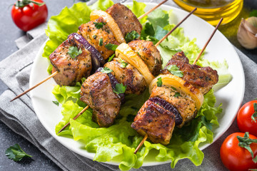 Grilled shish kebab or shashlik close up.