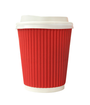 Red take away hot coffee cappuccino latte cup isolated on white background, clipping path included