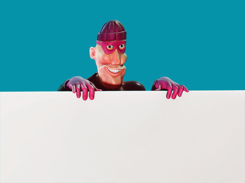 Thief character holding a blank board. 3d Rendering
