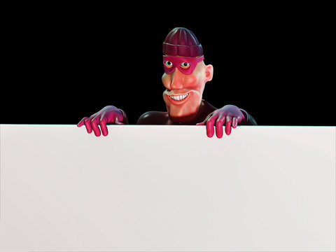 Thief character holding a blank board. 3d Rendering