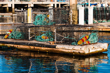Fototapeta na wymiar A dock with lobster traps in San Diego bay in California.